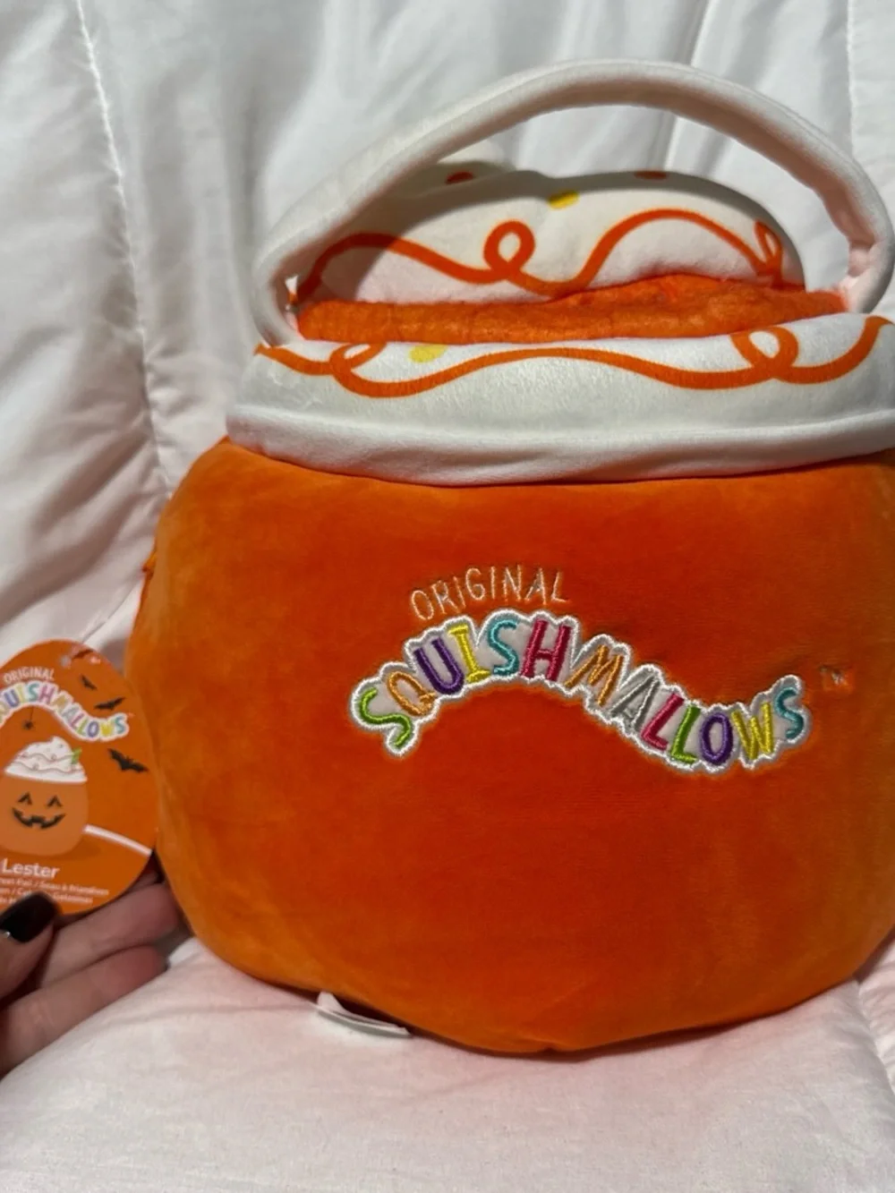 Squishmallows Orange Pumpkin Plush with White Swirl Top and Green Stem Bag